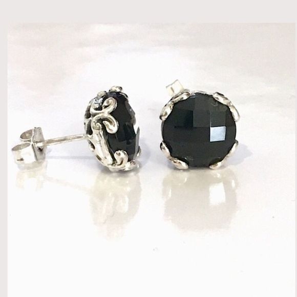 SAMUEL B. Sterling Silver 925 Round Cut Black Spinel Faceted Stud Earrings - Picture 2 of 10